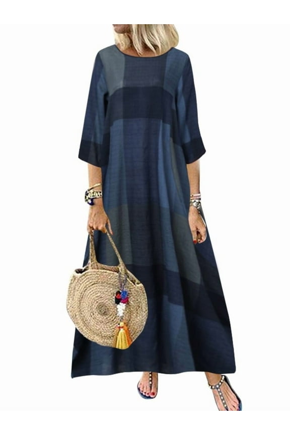 ZANZEA Women Loose Half Sleeve Plaid Printed Vintage Long Dress