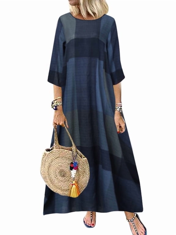 Women Loose Half Sleeve Plaid Printed Vintage Long Dress