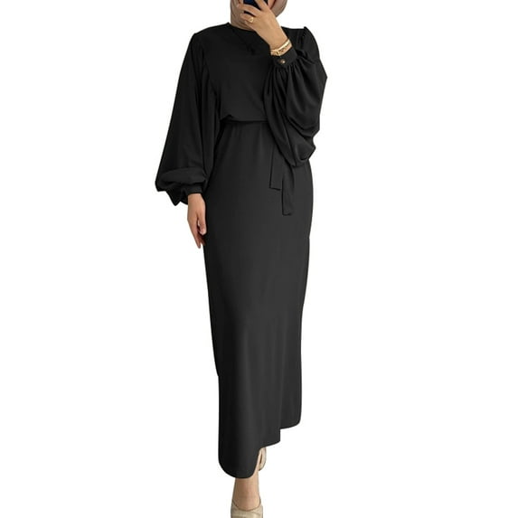ZANZEA Women Muslim Islamic Kaftan Dress Retro ONeck Puff Sleeve Long Dress