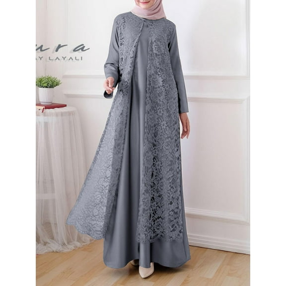 ZANZEA Women Muslim Kaftan Full Sleeve Lace Patchwork Casual Long Maxi Dress