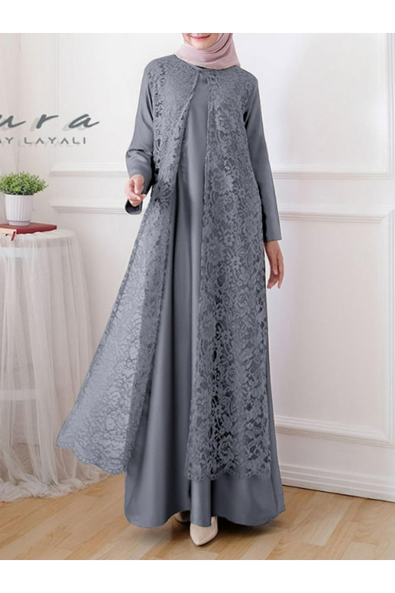 Women Muslim Kaftan Full Sleeve Lace Patchwork Casual Long Maxi Dress