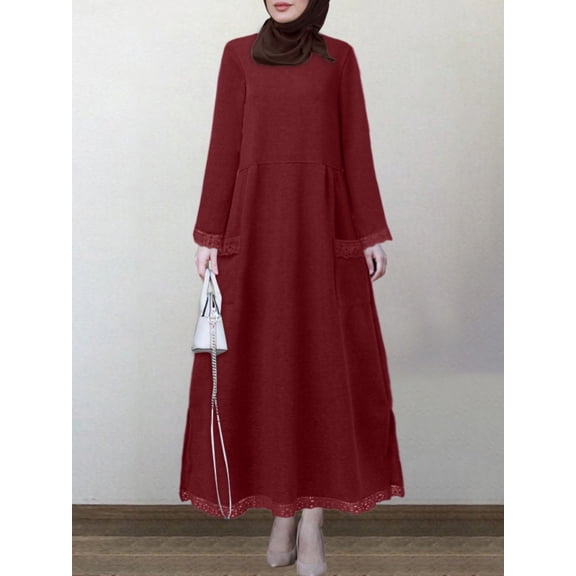 ZANZEA Women Muslim Long Sleeve O-Neck Islamic Lace Patchwork Maxi Dress