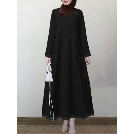 ZANZEA Women Muslim Long Sleeve O-Neck Islamic Lace Patchwork Maxi Dress