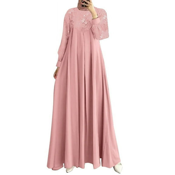 ZANZEA Women O-Neck Full Sleeve Lace Patchwork Loose Swing Long Dress Muslim Abaya Kaftan Dresses