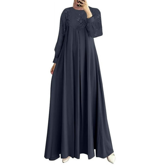 ZANZEA Women O-Neck Full Sleeve Lace Patchwork Loose Swing Long Dress Muslim Abaya Kaftan Dresses