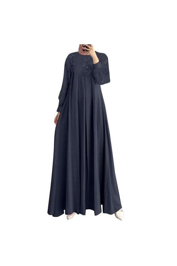 Women O-Neck Full Sleeve Lace Patchwork Loose Swing Long Dress Muslim Abaya Kaftan Dresses
