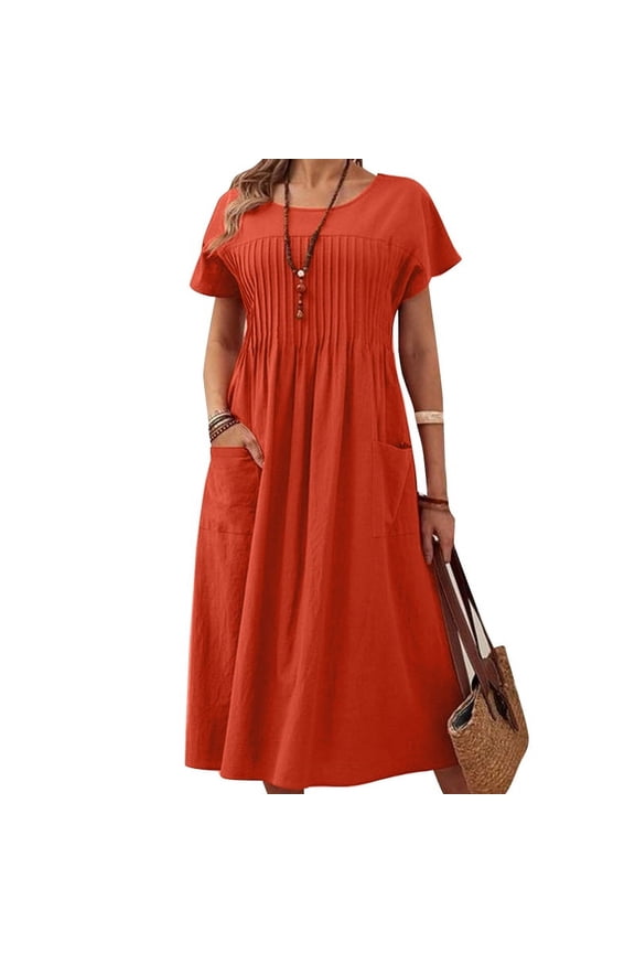 Women O-Neck Short Sleeve Pleated Party Kaftan Long Dress Summer Casual Loose Sundress