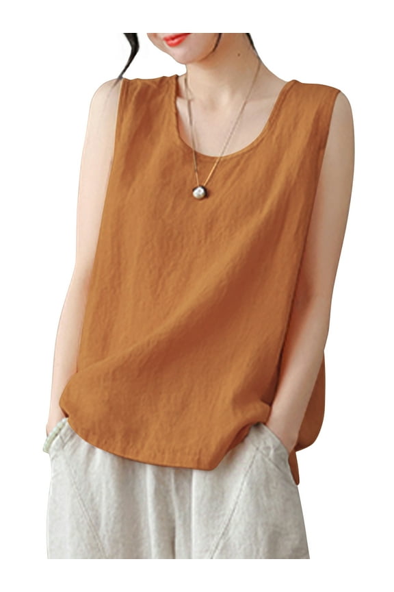 Women O-Neck Sleeveless Tank Tops Vintage Cotton Vest Blouse