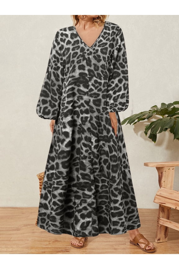 Women Party Dress Gown Ball Leopard Print V-Neck Swing Long Shirt Dress