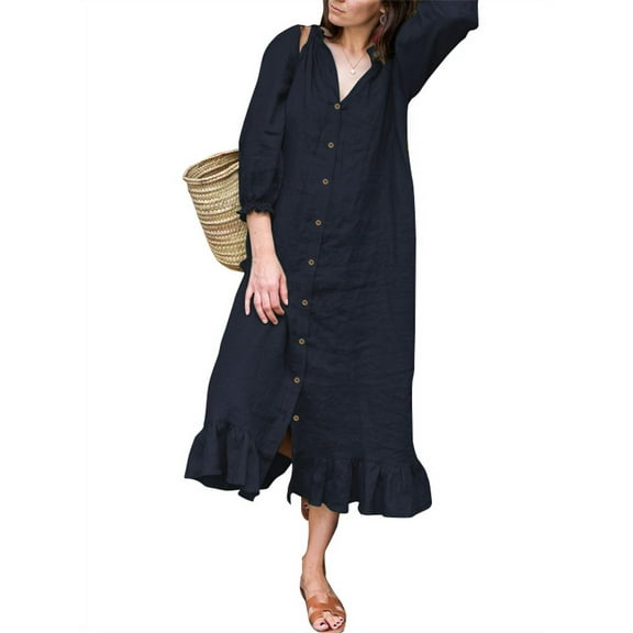 ZANZEA Women Party Evening Club Puff Sleeve Ruffles Solid Color Long Dress