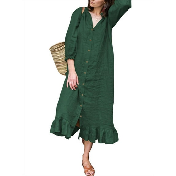 ZANZEA Women Party Evening Club Puff Sleeve Ruffles Solid Color Long Dress