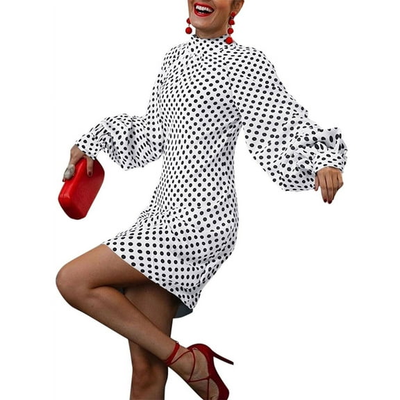 ZANZEA Women Party Turtleneck Puff Long Sleeves Polka Dot Print Dress