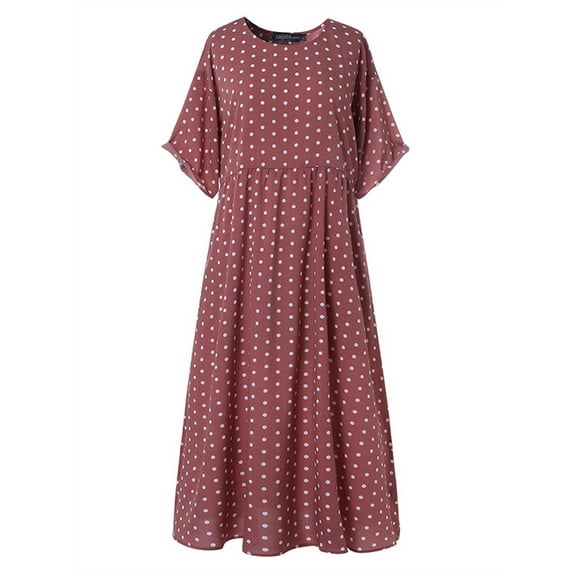ZANZEA Women Polka Dot Round Neck Long Dress Kaftan Maxi Dress Sundress