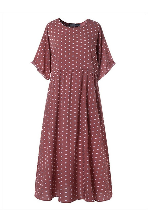 Women Polka Dot Round Neck Long Dress Kaftan Maxi Dress Sundress