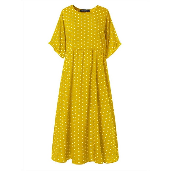 ZANZEA Women Polka Dot Round Neck Long Dress Kaftan Maxi Dress Sundress