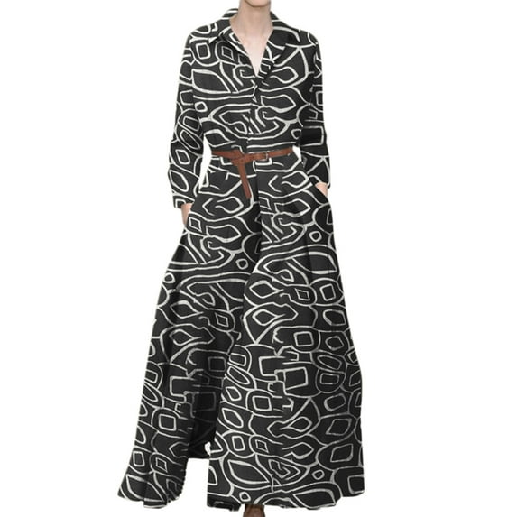 ZANZEA Women Printed Lapel Long Sleeves Pleated A Swing Dress With Pockets