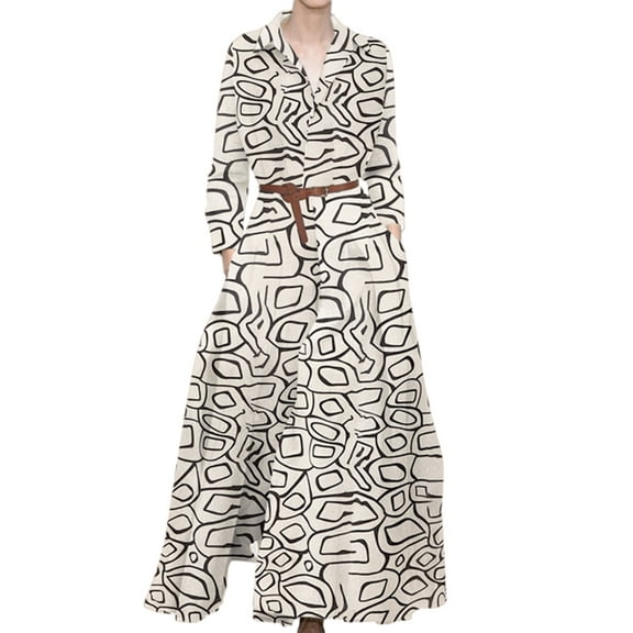 ZANZEA Women Printed Lapel Long Sleeves Pleated A Swing Dress With Pockets