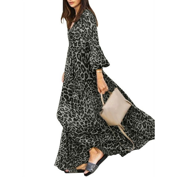 ZANZEA Women Puff Sleeve Leopard Printed Tunic Maxi Dress with Belt