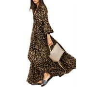 ZANZEA Women Puff Sleeve Leopard Printed Tunic Maxi Dress with Belt