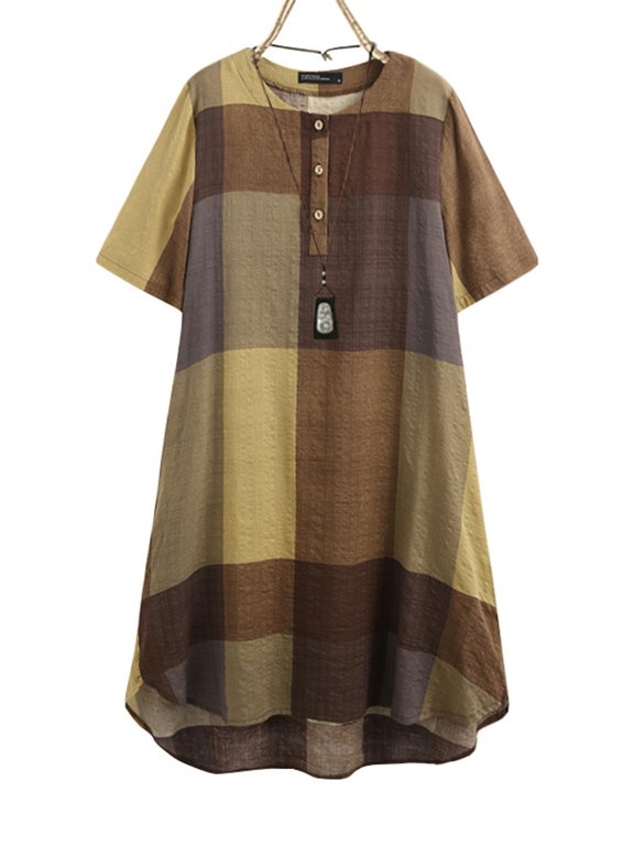 ZANZEA Women Retro Crew Neck Color Block Short Sleeve Dresses With Pocket