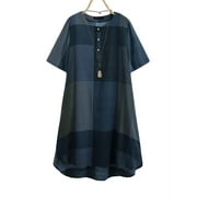 ZANZEA Women Retro Crew Neck Color Block Short Sleeve Dresses With Pocket