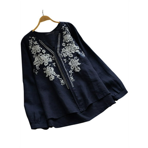ZANZEA Women Retro Embroidery V Neck Long Sleeve Cotton Top Blouse