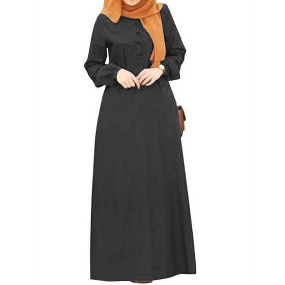 ZANZEA Women Round Neck Long Sleeve Full Length Abaya Dress Denim Dress