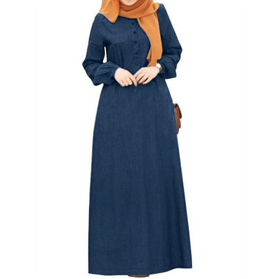 ZANZEA Women Round Neck Long Sleeve Full Length Abaya Dress Denim Dress