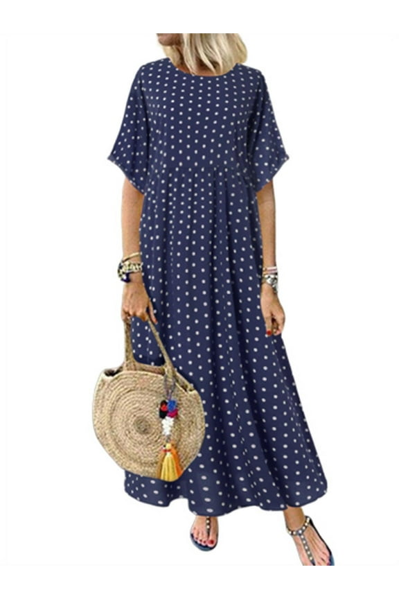 Women Round Neck Short Sleeve High Waist Dress Polka Dot Long Dress