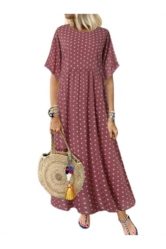 Women Round Neck Short Sleeve High Waist Dress Polka Dot Long Dress