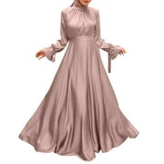ZANZEA Women Ruffles Flare Long Sleeve O-Neck Solid Irregular Hem Muslim Casual Party Maxi Long Dress