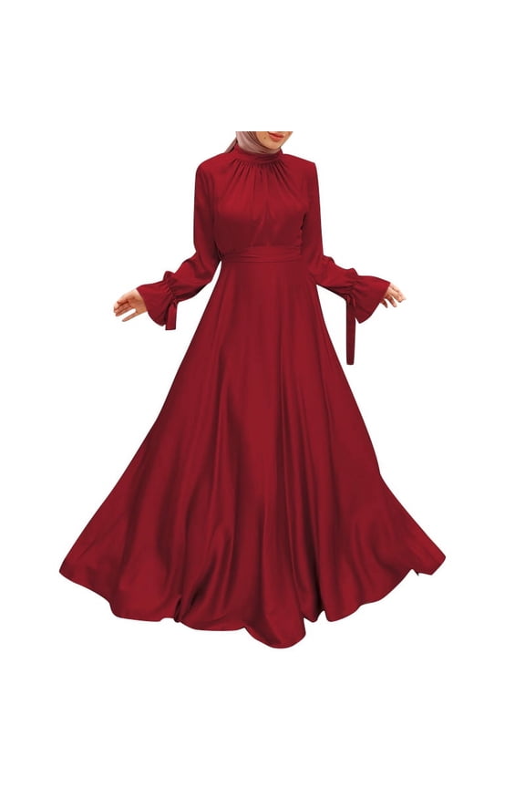 Women Ruffles Flare Long Sleeve O-Neck Solid Irregular Hem Muslim Casual Party Maxi Long Dress