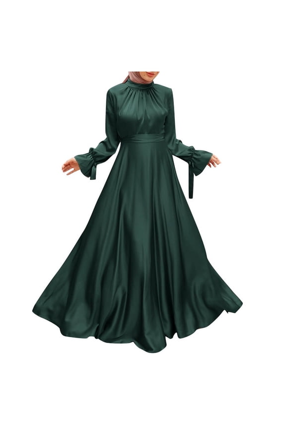 Women Ruffles Flare Long Sleeve O-Neck Solid Irregular Hem Muslim Casual Party Maxi Long Dress
