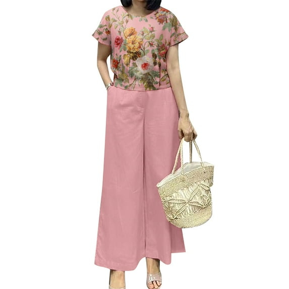 ZANZEA Women Sets Floral Printed Short Sleeve Tops T Shirt Shirt Wide Leg Trousers Long Pants Casual Outfits