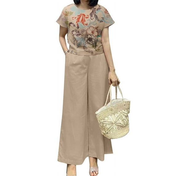 ZANZEA Women Sets Floral Printed Short Sleeve Tops T Shirt Shirt Wide Leg Trousers Long Pants Casual Outfits
