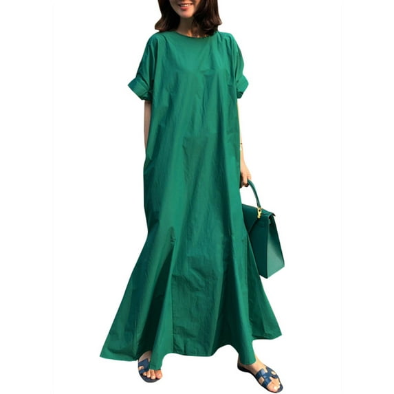 ZANZEA Women Short Sleeve Button Down Back Swing Solid Color Long Dress