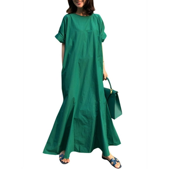 ZANZEA Women Short Sleeve Button Down Back Swing Solid Color Long Dress