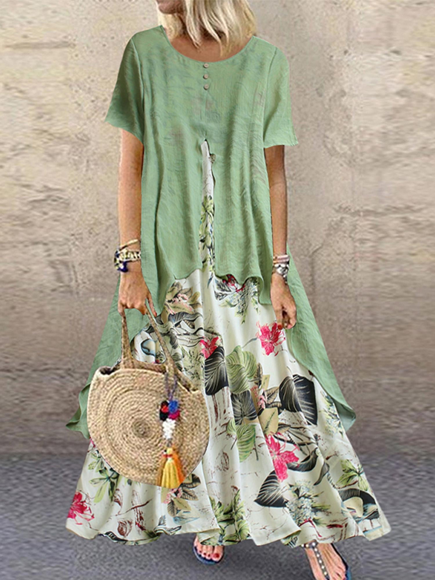 ZANZEA Women Short Sleeve Round Neck Floral Maxi Dress - Walmart.com