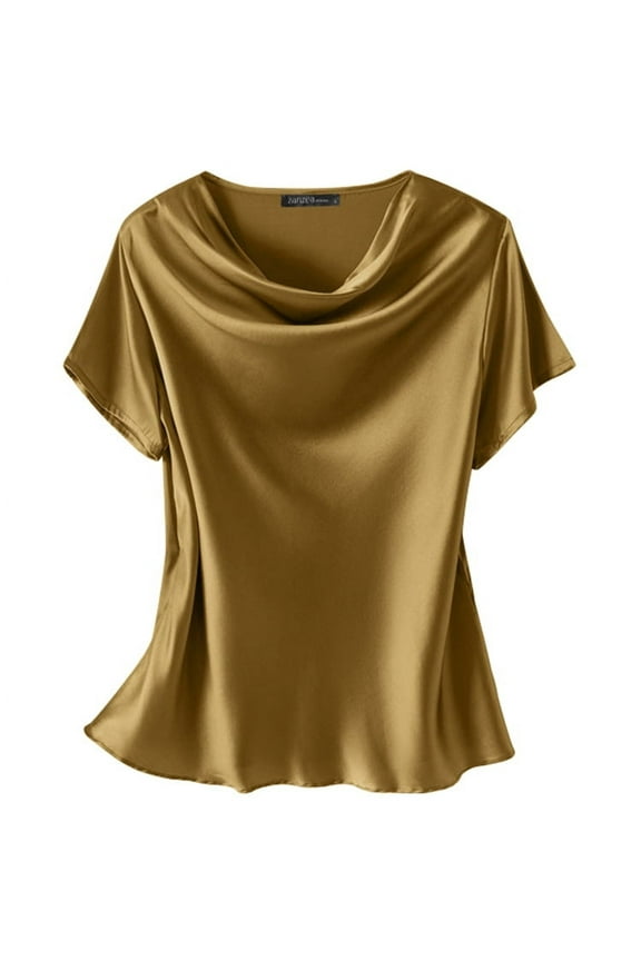 Women Short Sleeved Evening Business Blouse Loose Shirts Satin Tops