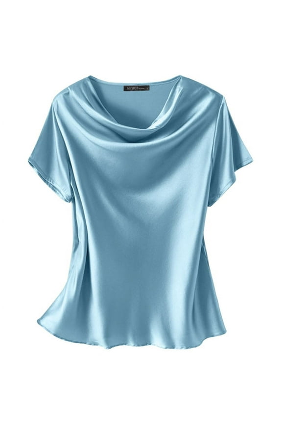 Women Short Sleeved Evening Business Blouse Loose Shirts Satin Tops