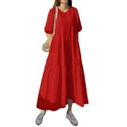 ZANZEA Women Short Sleeved Kaftan Long Dress Solid Color Ruffled Maxi Dresses