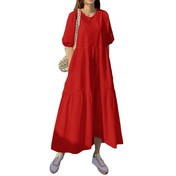 ZANZEA Women Short Sleeved Kaftan Long Dress Solid Color Ruffled Maxi Dresses