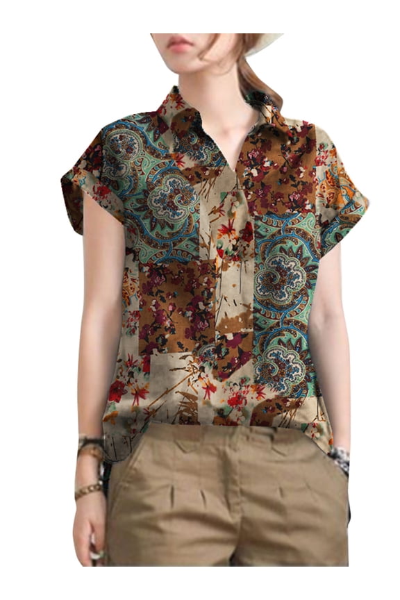 Women Short Sleeved Vintage Printed Blouse Cotton Loose Tops