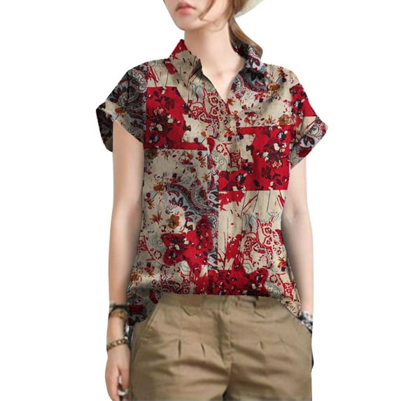 ZANZEA Women Short Sleeved Vintage Printed Blouse Cotton Loose Tops