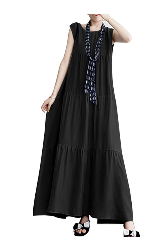 Women Sleeveless Baggy Ruffled Tank Dress Sundress Maxi Dresses
