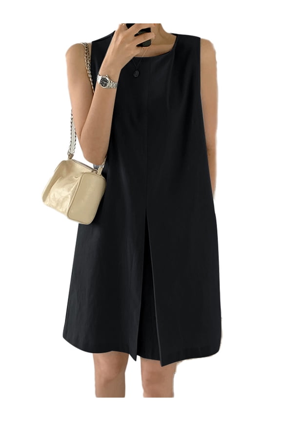Women Sleeveless Crew Neck Dress Back Button Loose Knee Length Dress
