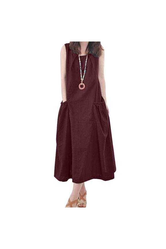 Women Sleeveless O Neck Loose Tank Dress Side Pocket Casual Party Midi Dresses