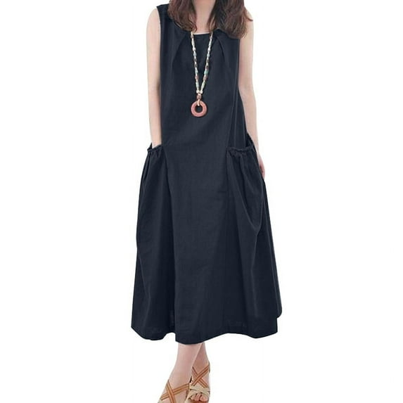 ZANZEA Women Sleeveless O Neck Loose Tank Dress Side Pocket Casual Party Midi Dresses
