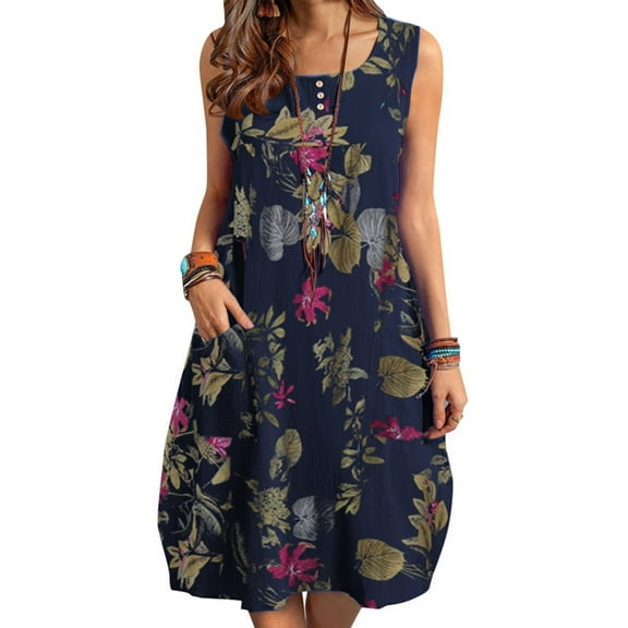 ZANZEA Women Sleeveless Vintage O-Neck Dress Floral Printed Short Dresses