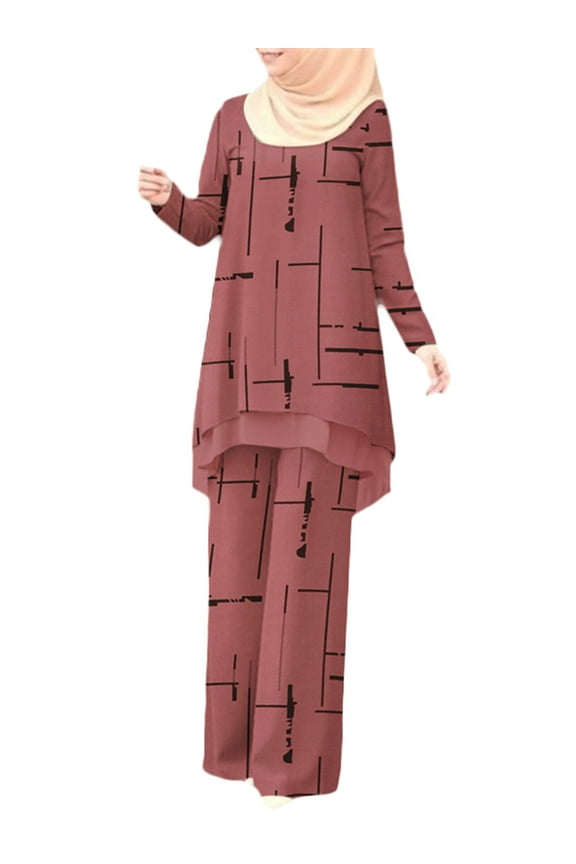 Women Spring Printing Muslim Suit Full Sleeve O-Neck Long Blouse and Wide Leg Pant